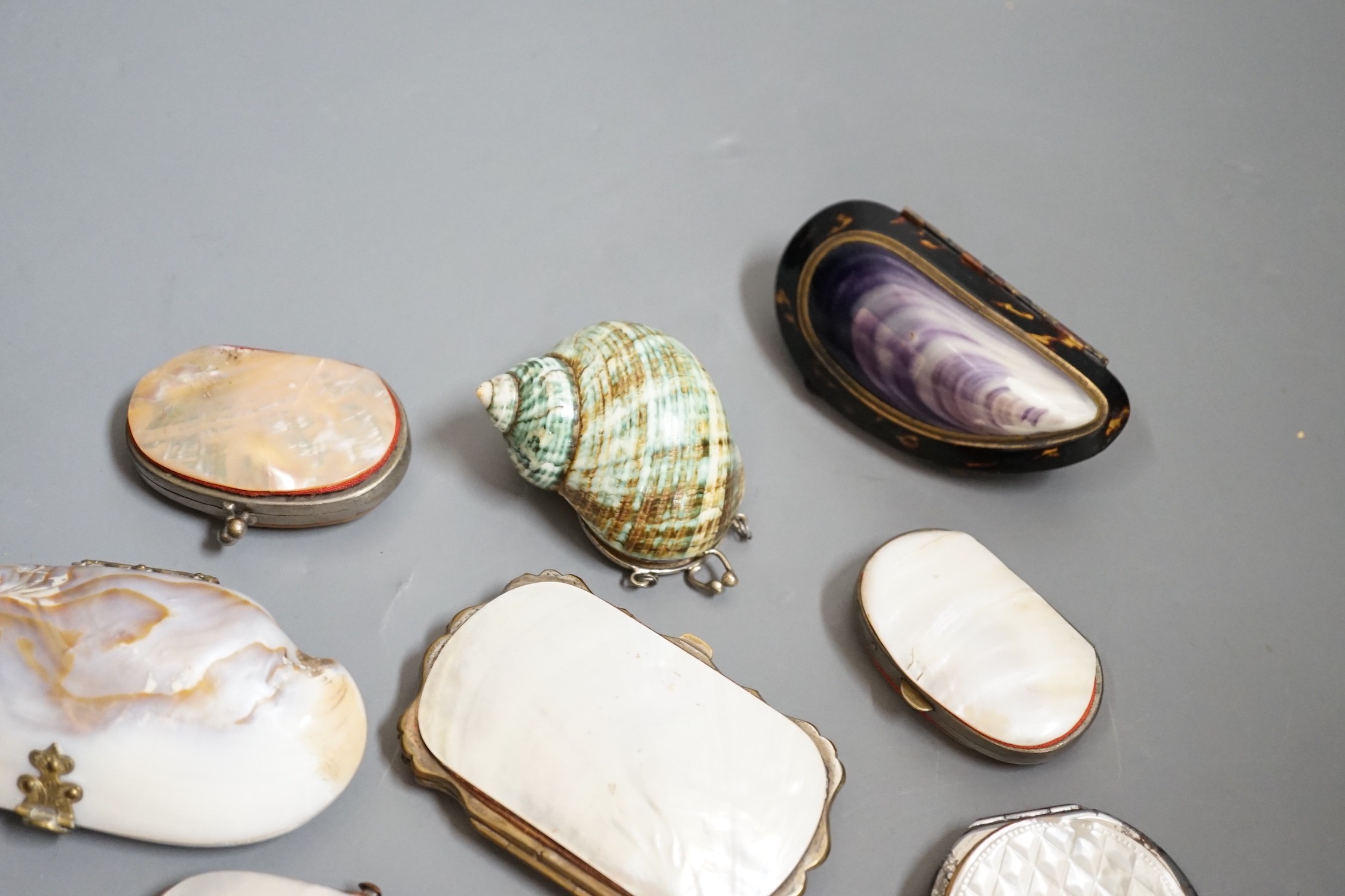 Twelve 19th century mother of pearl purses and containers